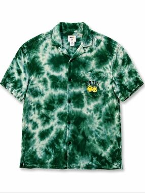 Smiley x H&M Men's Relaxed Fit Terry Resort Shirt Size M Green And White Tie-Dye